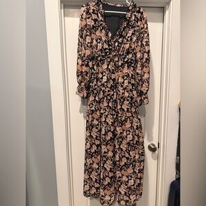 Black Floral Maxi Dress with Peach Accents